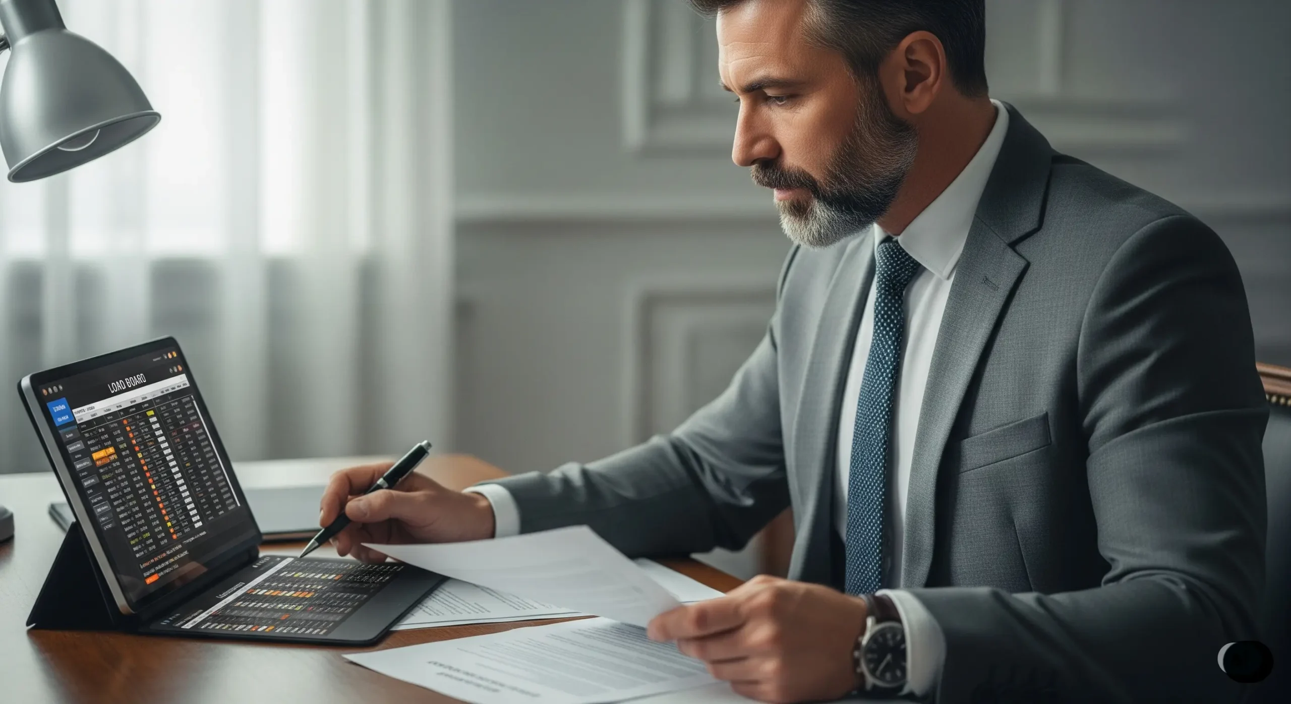 An owner-operator reviewing insurance policies and load details
