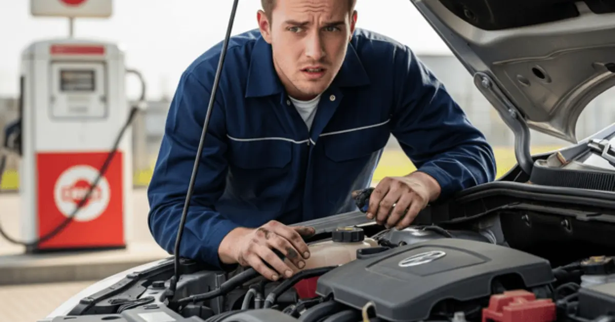 Car mechanic examining a damaged engineCar mechanic examining a damaged engine