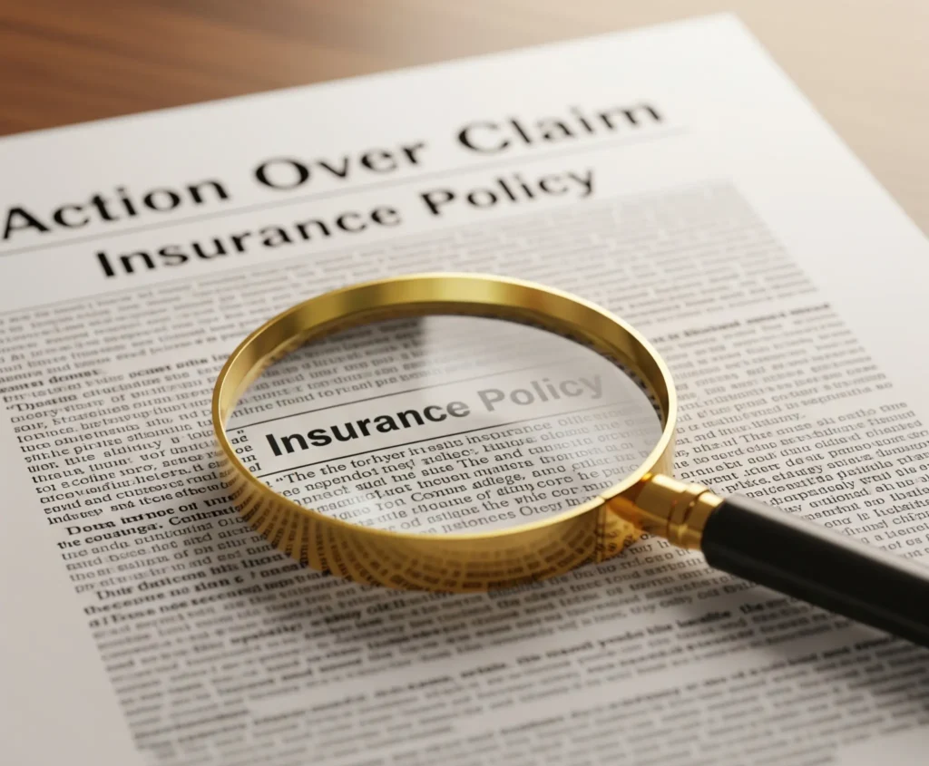 A legal document with Action Over Claim and Insurance Policy highlighted by a magnifying glass.
