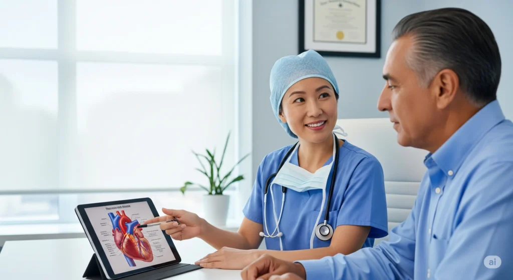A plastic surgeon and a patient having a reassuring and informative consultation in a professional medical office, discussing breast lift options.