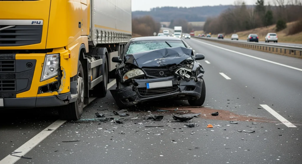 A semi-truck with a dented fender and a damaged car at a minor accident scene on a highway, illustrating the high costs of truck incidents.