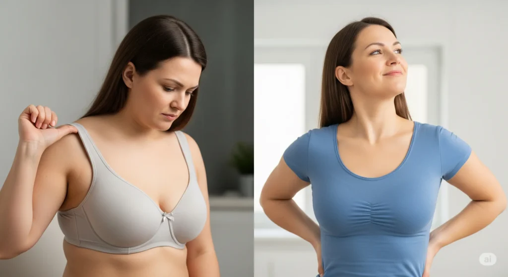 A side-by-side image showing a woman experiencing physical discomfort from breast sagging on one side, and on the other, the same woman feeling confident and relieved after a breast lift.