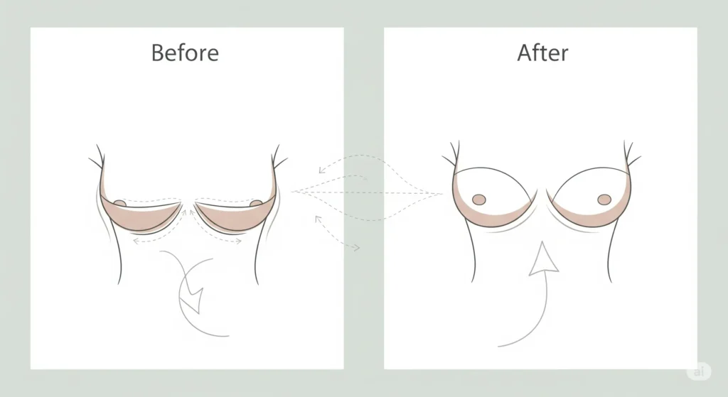A simplified illustration contrasting a sagging breast (before) with a lifted and reshaped breast (after), visually explaining the concept of a mastopexy.