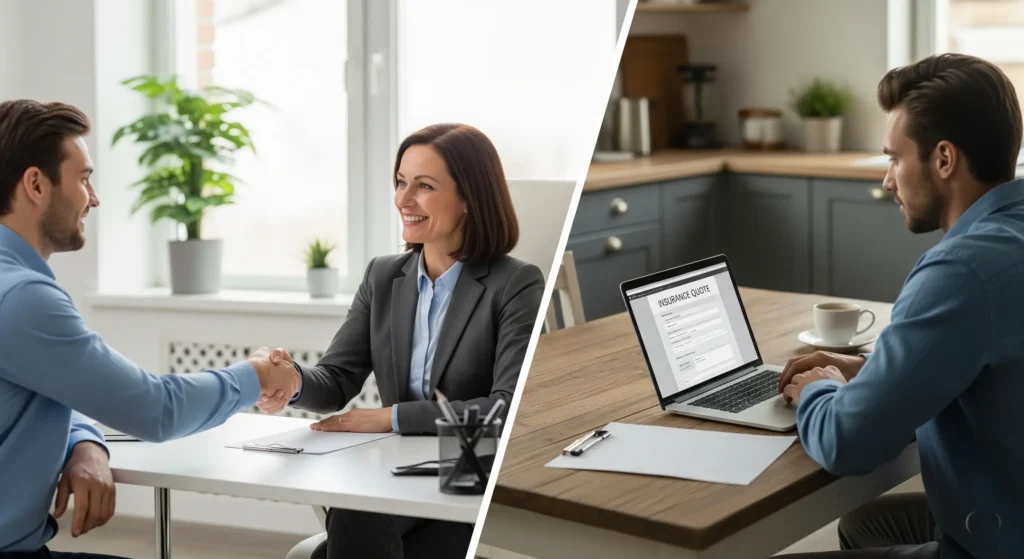 A split-screen image showing two ways to buy insurance on the left, a person meets with an agent; on the right, a person shops online at home.