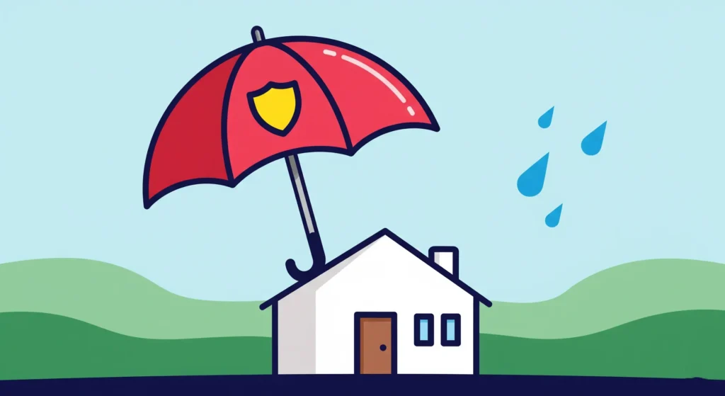 A stylized image of a house protected by a large umbrella with a shield logo, symbolizing the peace of mind and security that comes with good insurance.