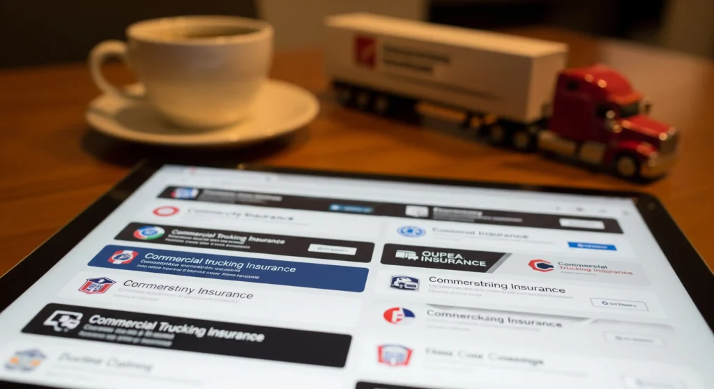 A tablet screen showing multiple open tabs with different trucking insurance websites, representing the process of comparing quotes and finding solutions.