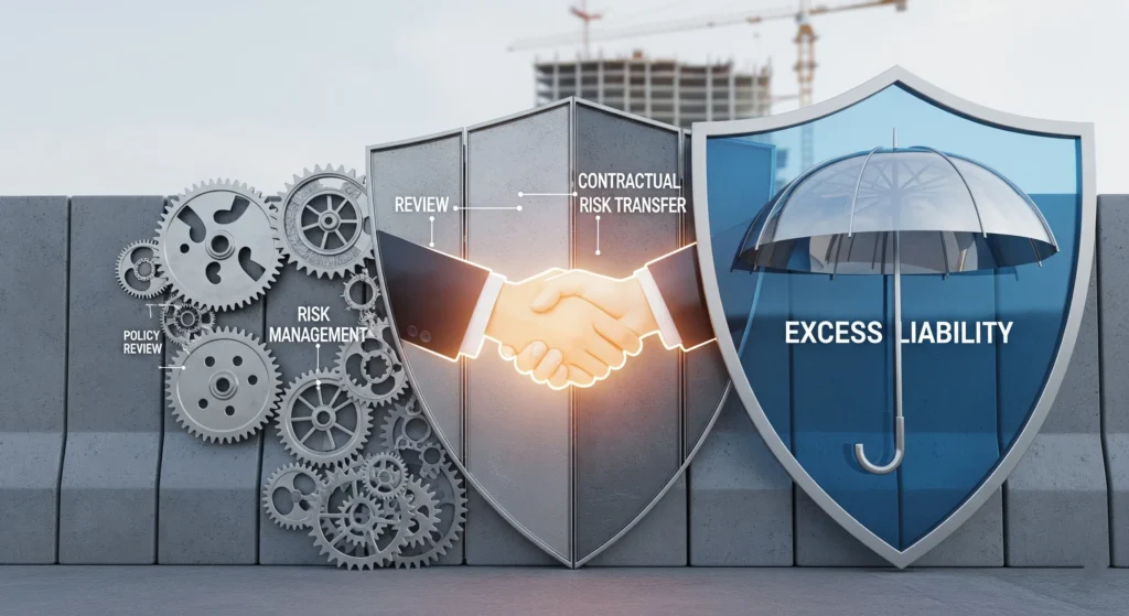 Comprehensive strategies for construction businesses to mitigate risks, including policy review, contractual safeguards, and risk management.