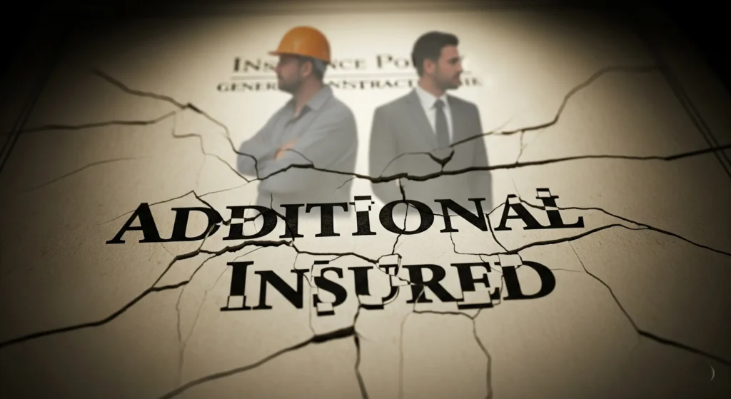 Shattered insurance policy highlighting how 'Action Over Exclusion' leaves additional insureds like general contractors and property owners exposed.