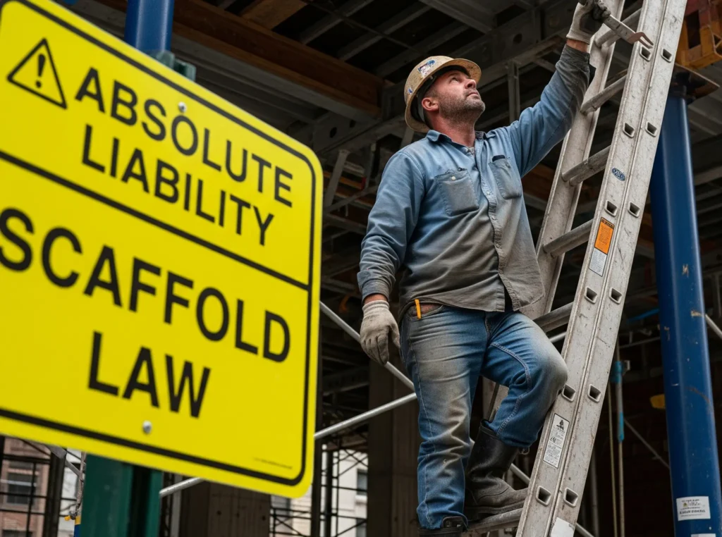 construction worker on a ladder with a warning sign about absolute liability and Scaffold Law in the background.