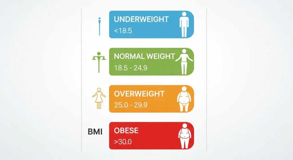 A graphic showing the Body Mass Index (BMI) categories and their corresponding numerical ranges.