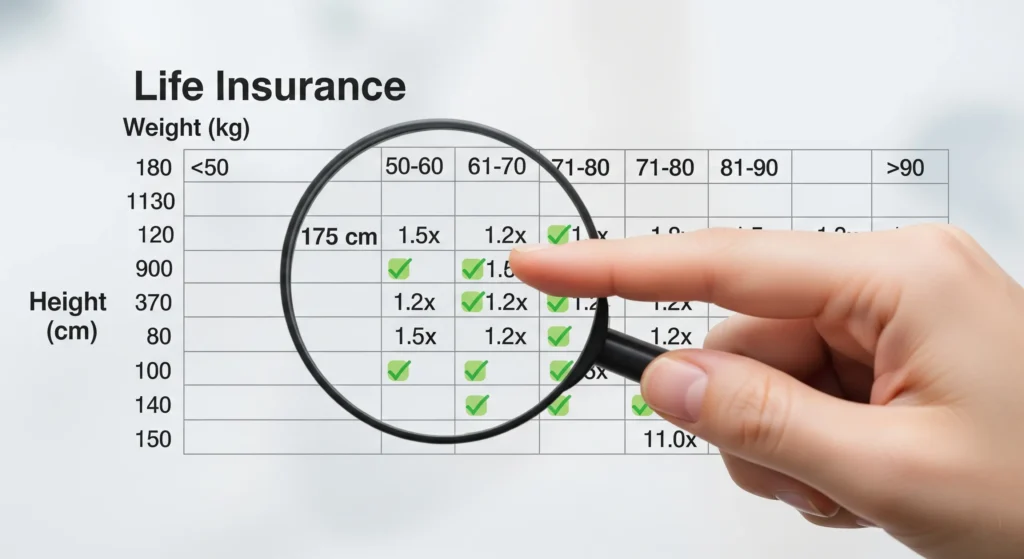 A magnifying glass examining a life insurance build chart with height and weight ranges to illustrate how underwriters assess risk.