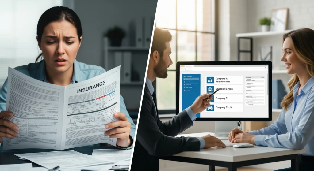 A split image showing a stressed person on one side and the same person looking relieved while working with an independent insurance agent on the other.
