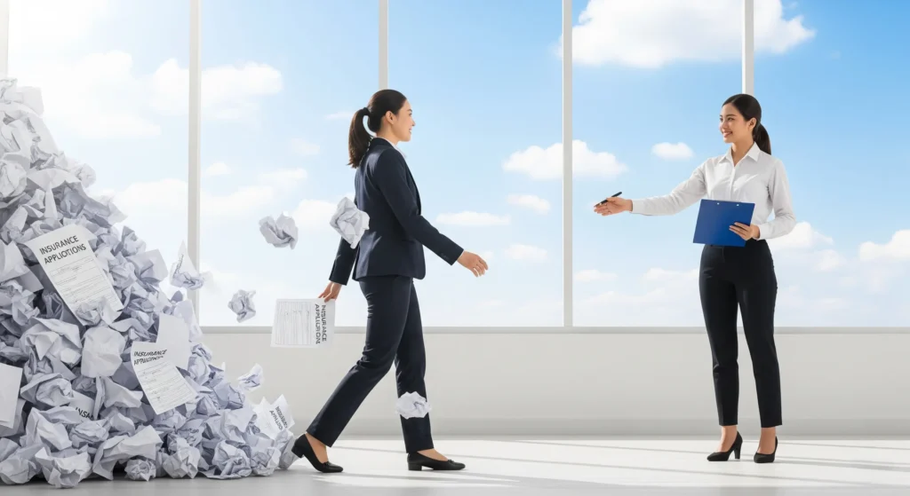 An individual turning away from a pile of rejected applications to work with a knowledgeable insurance broker, representing the value of professional help.