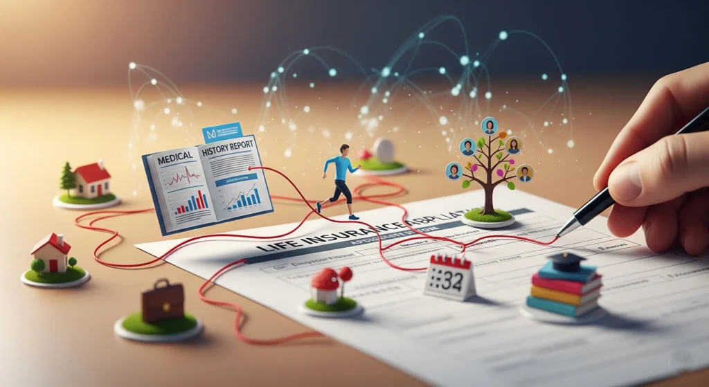 An infographic-style image showing various personal factors, such as health history and lifestyle, flowing into a life insurance application form to represent the underwriting process.