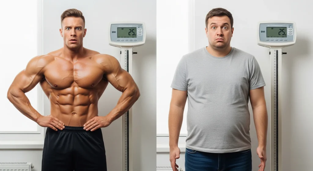 Two people with different body types but the same BMI, highlighting the problem with Body Mass Index as a sole health indicator.